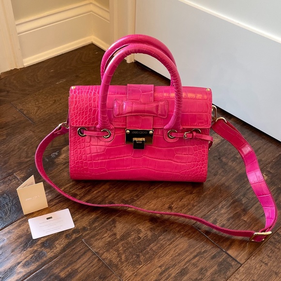 Jimmy Choo Pink Rosalie Handle Crocodile Embossed Leather Bag - Picture 6 of 7
